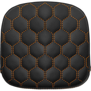SADDLEMEN Sissy Bar Pad in honeycomb design with orange stitching, designed for motorcycle sissy bars.