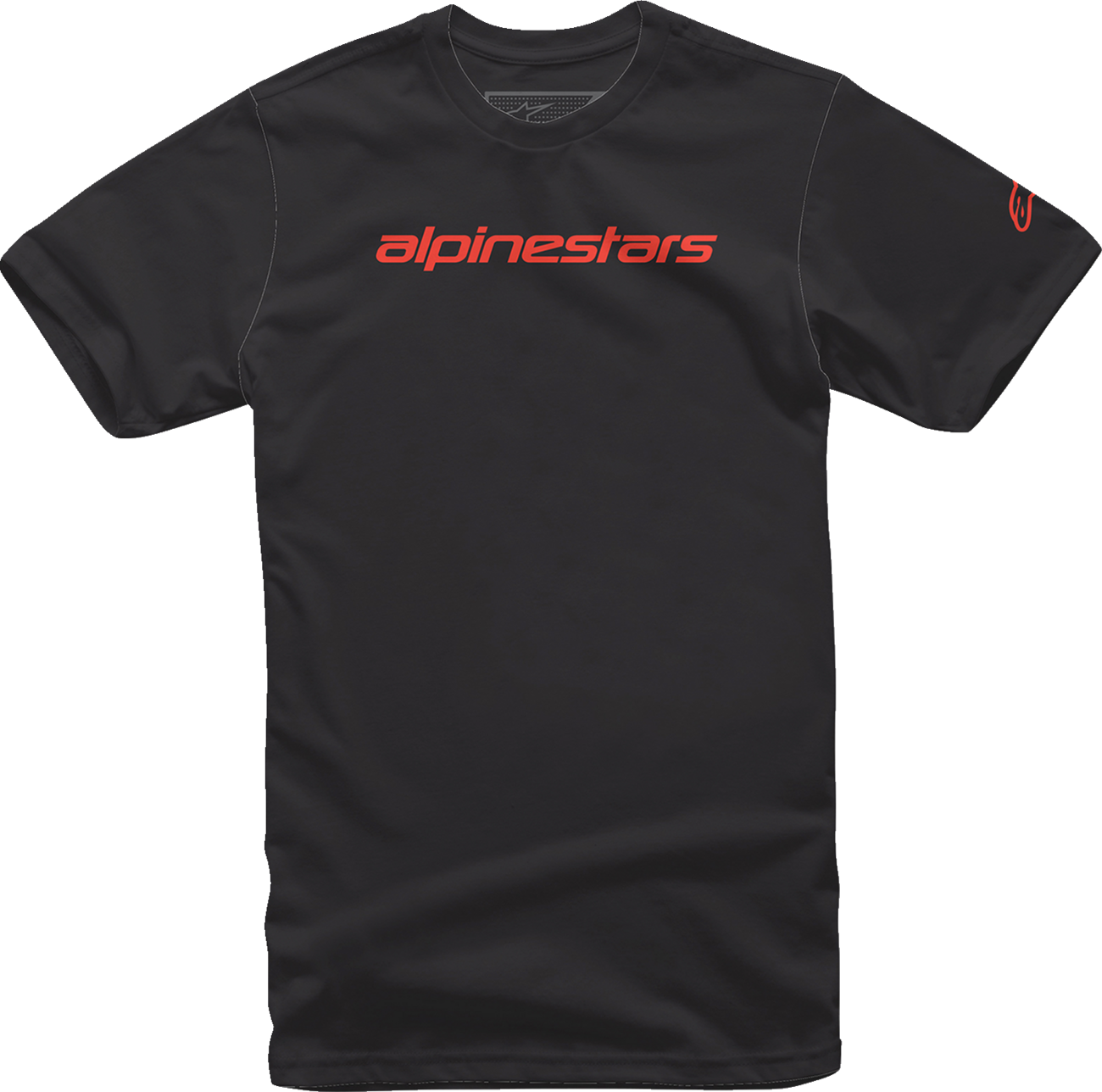 Black and warm red ALPINESTARS Linear Wordmark T-Shirt in large size, featuring the ALPINESTARS logo on the front.