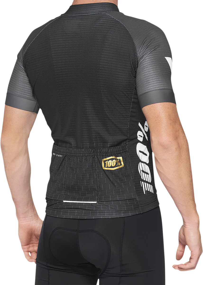 Bill's Exhausts 100% Exceeda Jersey in black and charcoal, short-sleeve, size XL, with sporty design and breathable fabric.