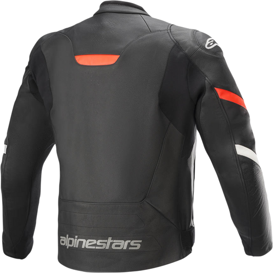Black and red Alpinestars Faster v2 leather jacket for men, US 46 / EU 56, with a sleek, fitted design and protective features.