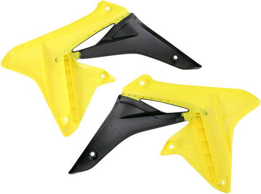 Yellow and black Acerbis radiator shrouds for motocross bikes, with a sleek, aerodynamic body design and brand-specific details.