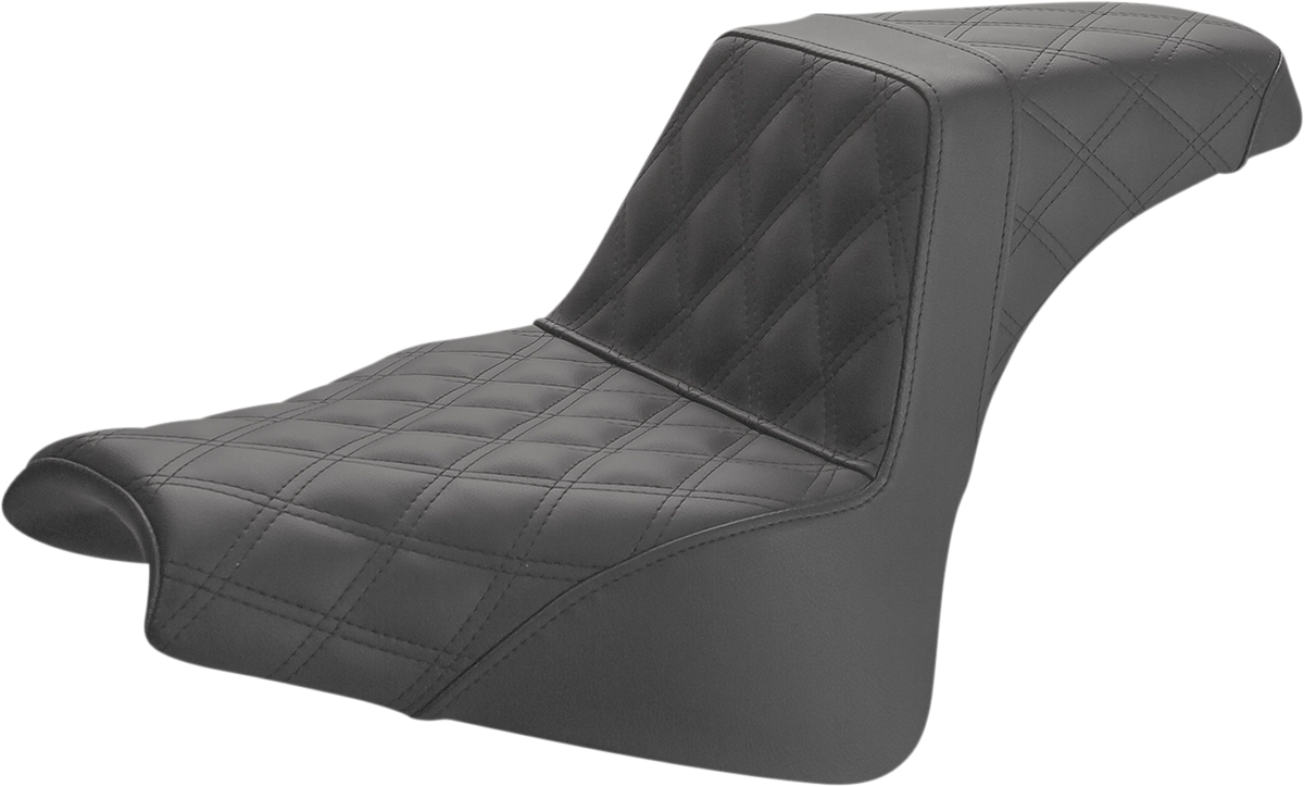 Black SADDLEMEN Step-Up Seat with full lattice stitch for motorcycle, featuring durable design and comfortable riding surface.