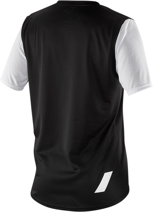 Black short-sleeve Ridecamp jersey by Bill's Exhausts, size small, shown laid flat with front view and jersey details.