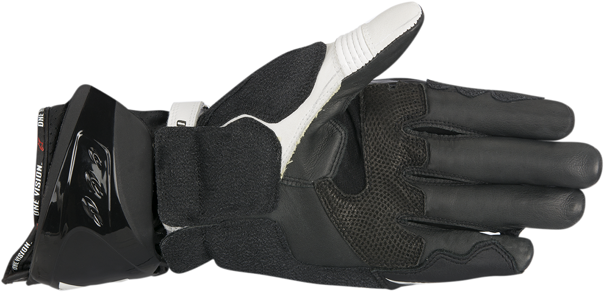 Alpinestars Supertech motorcycle gloves in black and white, 3XL size, featuring protective design and high-performance materials.