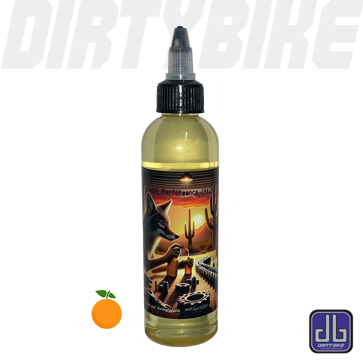eDirtyBike Apogee Performance Chain Lube in a bright orange bottle, designed for bike chains and drivetrain protection.