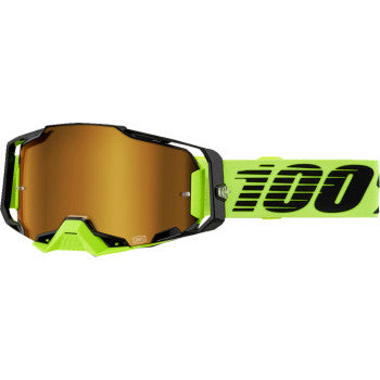Bill's Exhausts 100% Armega goggles in neon yellow with gold mirror lenses, showing a close-up of the goggles' frame and reflective lenses.