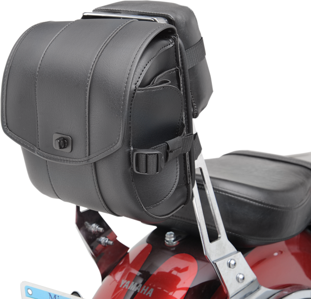 Saddlemens Sissy Bar Bag Deluxe 3503-0064 mounted on motorcycle seat, showcasing durable storage bag with straps and zippers.