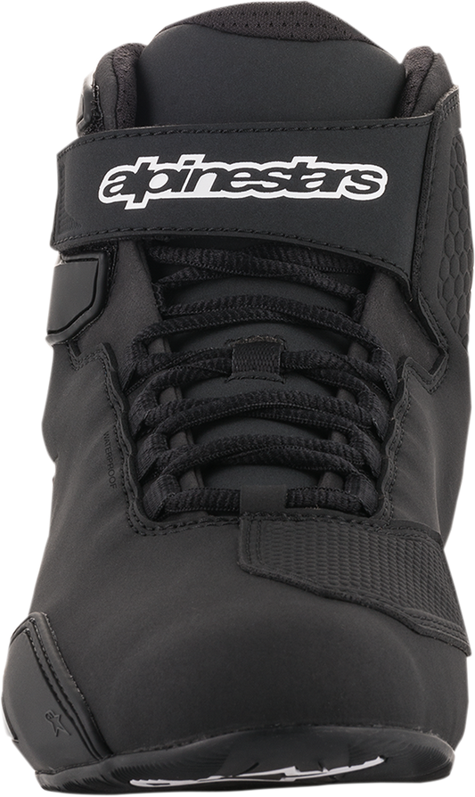 Alpinestars Sektor black motorcycle shoes, US size 6, with protective design and sporty style, close-up view.