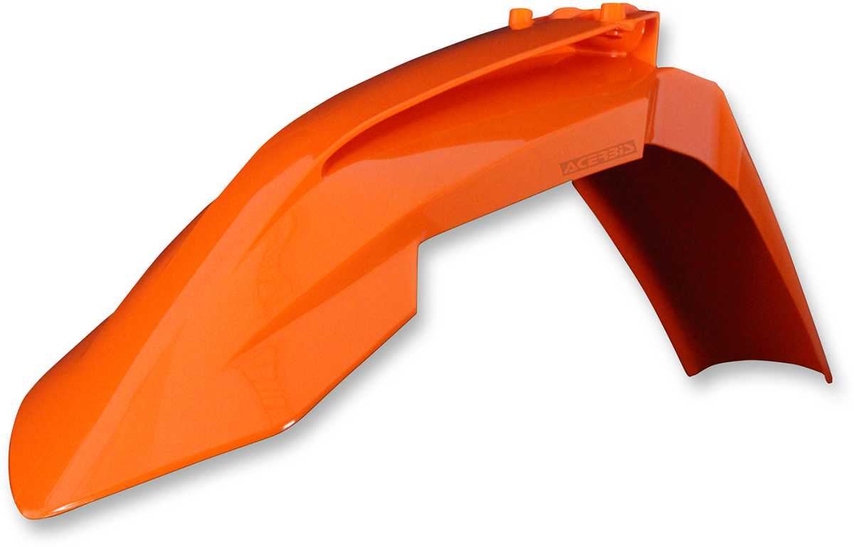 Orange Acerbis front fender for motorcycle, plastic body part with mounting points, designed for off-road or motocross bikes.