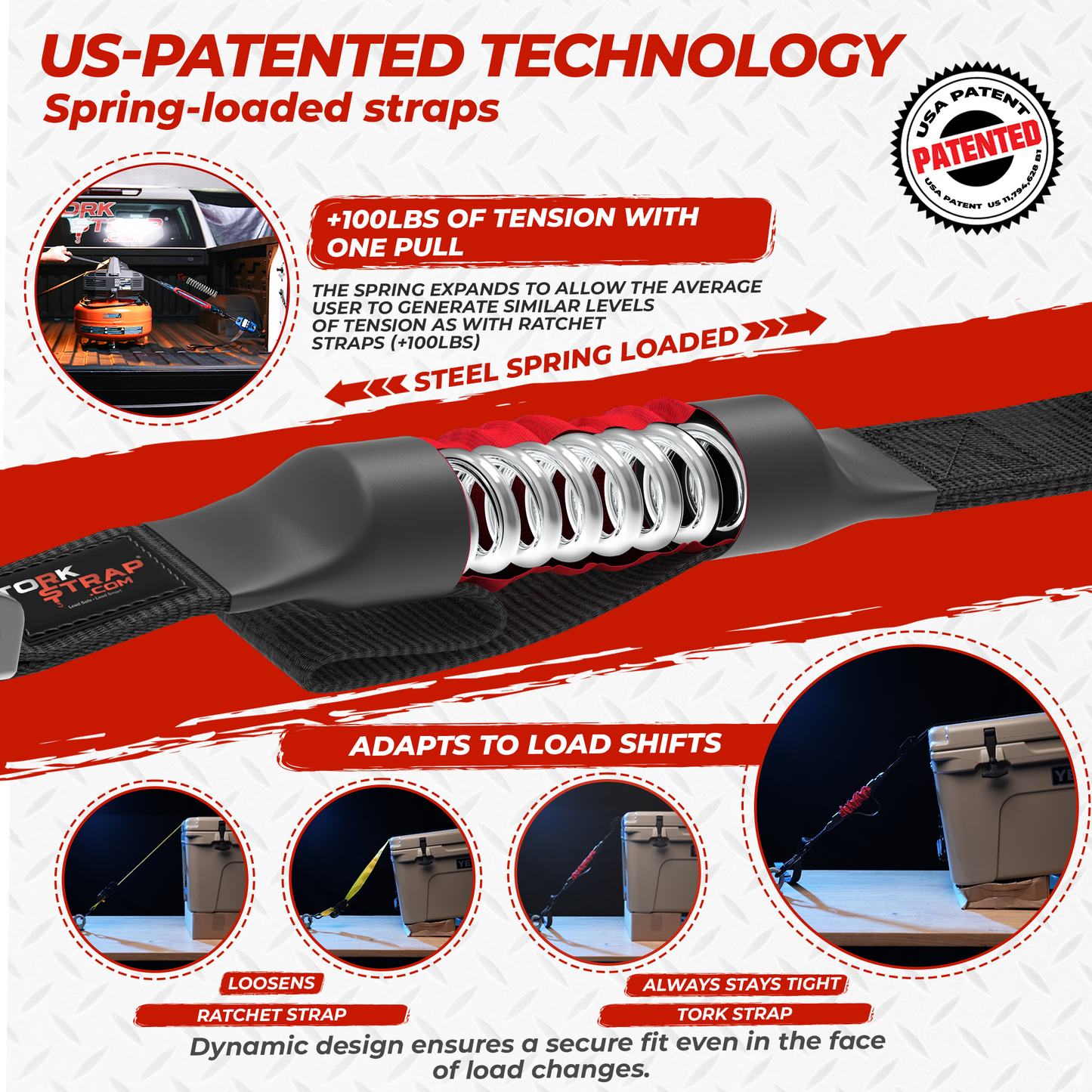 TorkStrap M500 | 14'x1'' Spring Loaded Tie Down Straps - Adapts to Load Shifts - 1500lbs Max Load - Just Pull Alternative to Ratchet Straps with Hooks - For Securing Motorcycles, Kayaks, ATVs - Howling Moto