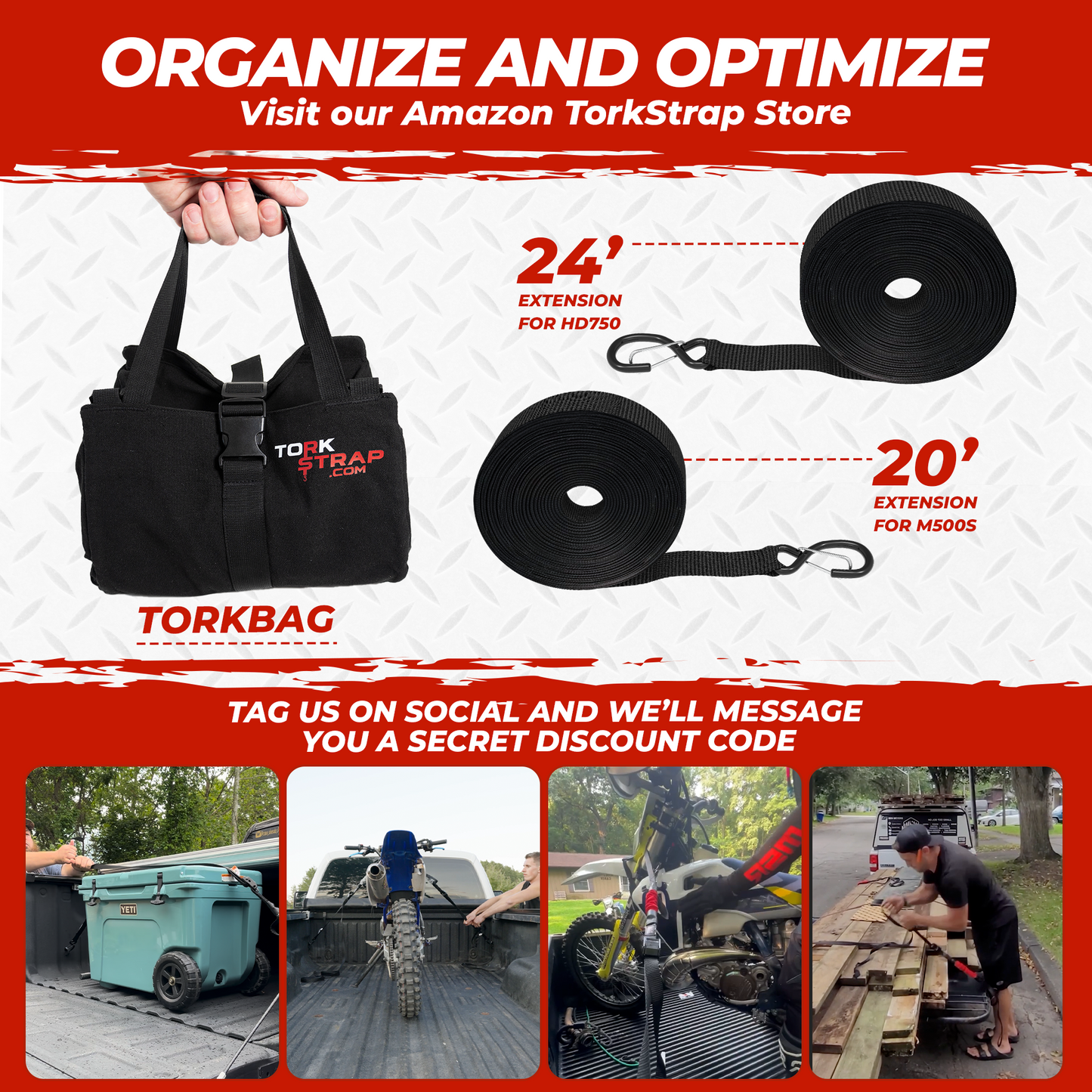 TorkStrap M500 | 14'x1'' Spring Loaded Tie Down Straps - Adapts to Load Shifts - 1500lbs Max Load - Just Pull Alternative to Ratchet Straps with Hooks - For Securing Motorcycles, Kayaks, ATVs - Howling Moto