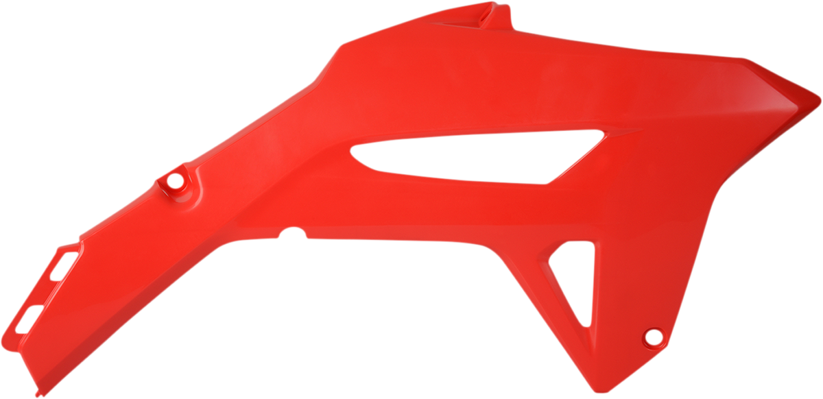 Red ACERBIS radiator shroud for body of motorcycle, featuring sleek design and brand logo, compatible with various models.