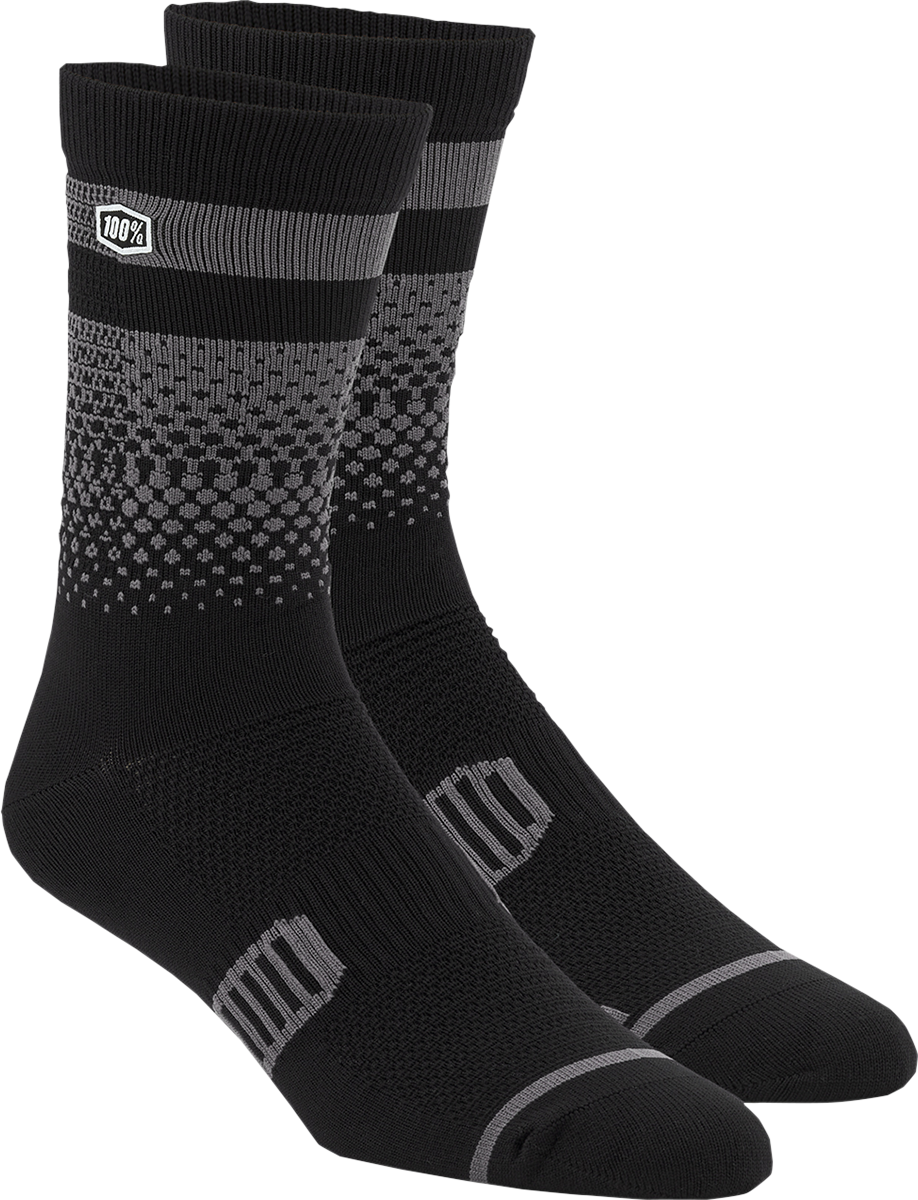 Black and charcoal Advocate socks in large/XL size by Bill's Exhausts, featuring a comfortable knit fabric and stylish design.