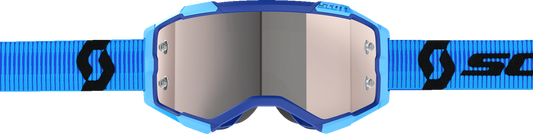 Scott Fury blue and black motocross goggles with silver chrome lenses, featuring adjustable straps and padded frame for comfort.