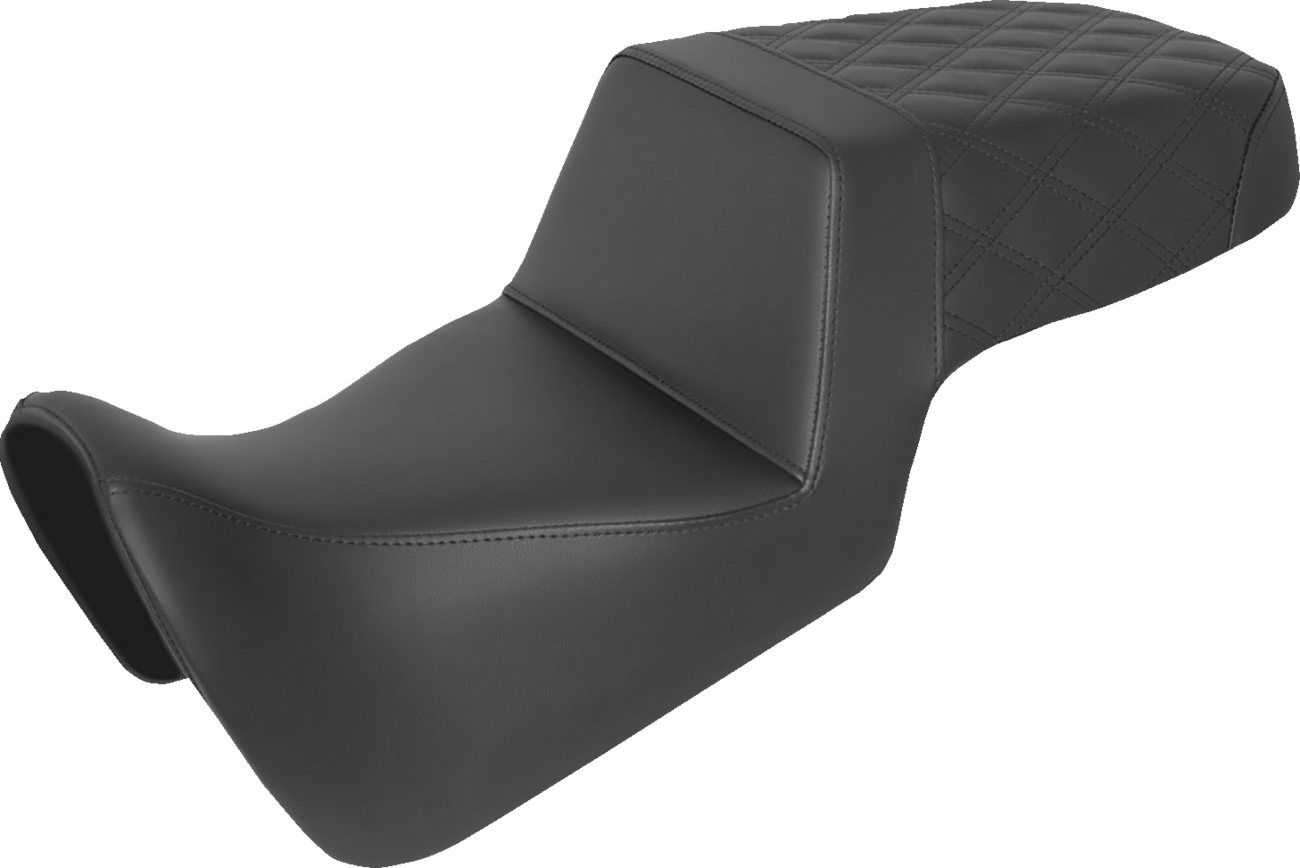 Bill's Exhausts SADDLEMEN Step Up Seat in black with smooth front and lattice stitch rear, designed for motorcycle comfort.