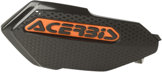 Acerbis black and orange X-Elite handguards mounted on a motorcycle handlebar, providing protection and style.
