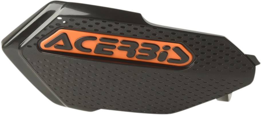 Acerbis black and orange X-Elite handguards mounted on a motorcycle handlebar, providing protection and style.