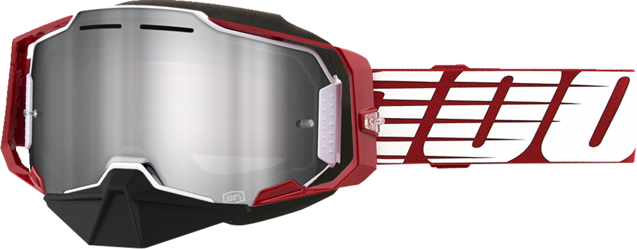 Bill's Exhausts 100% Armega snow goggles with oversized red frame and silver mirror lenses for winter sports.