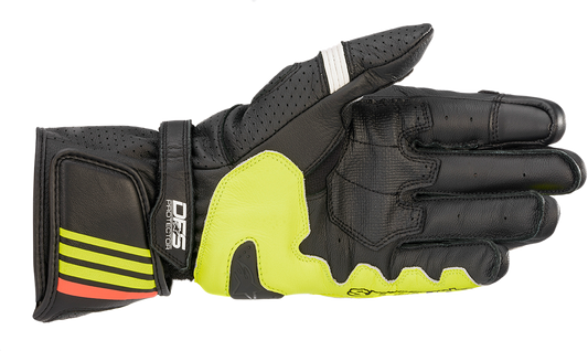 Alpinestars GP Plus R v2 motorcycle gloves in black, fluo yellow, and fluo red, size 3XL, with protective knuckles and reinforced palms.
