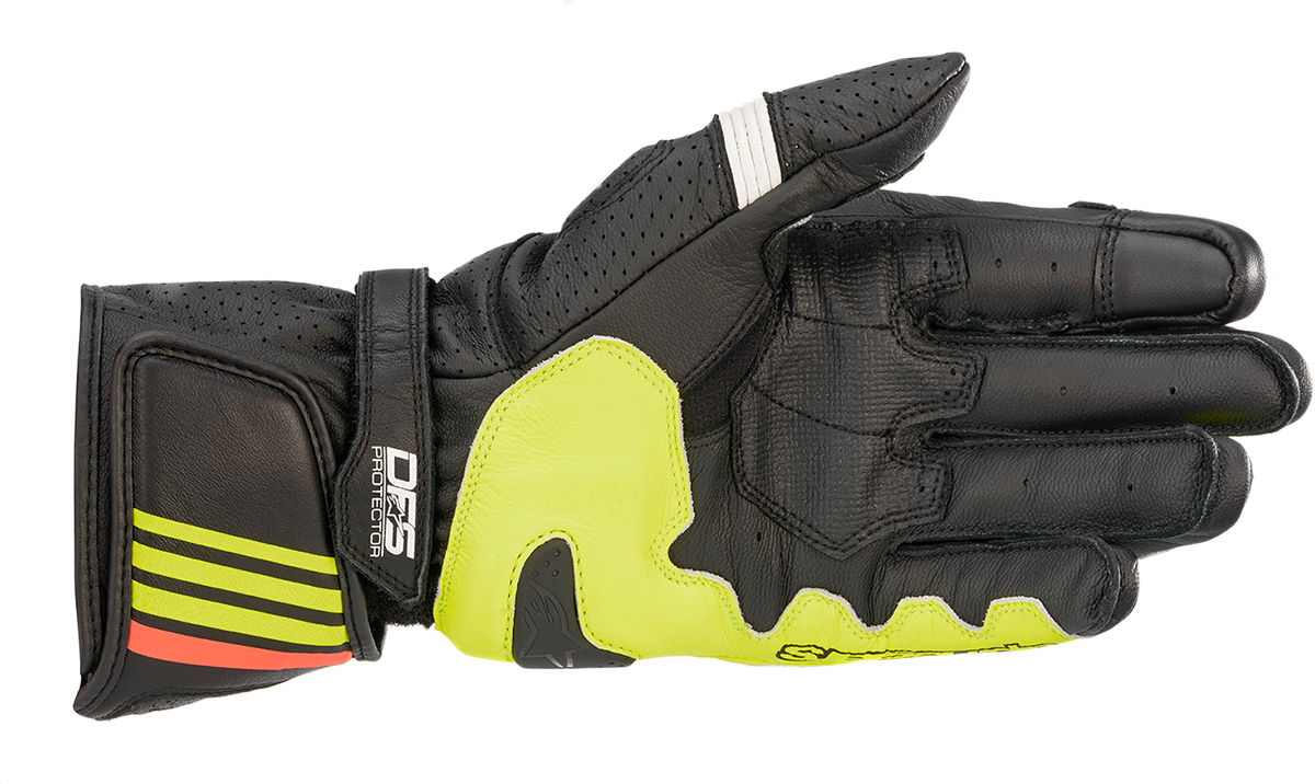 Alpinestars GP Plus R v2 motorcycle gloves in black, fluo yellow, and fluo red, size 3XL, with protective knuckles and reinforced palms.