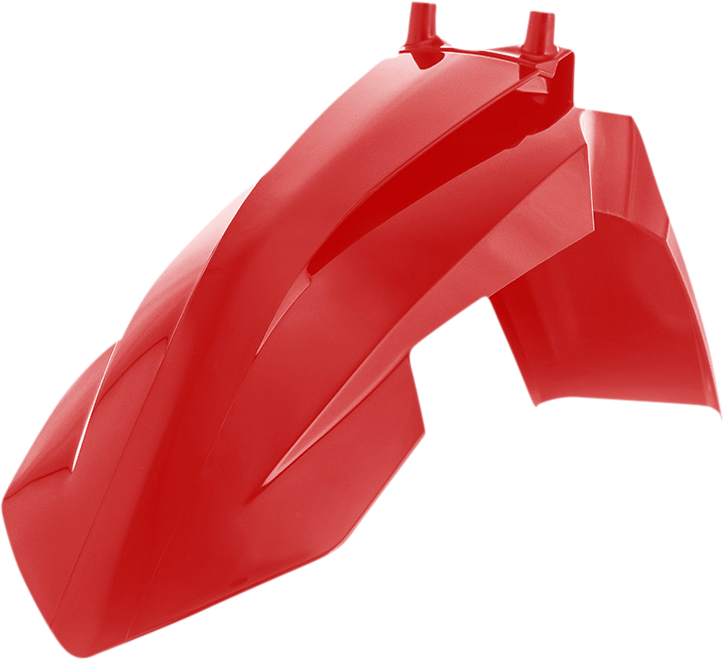 Red Acerbis front fender for motorcycle, made of durable body material, shown in close-up detail.
