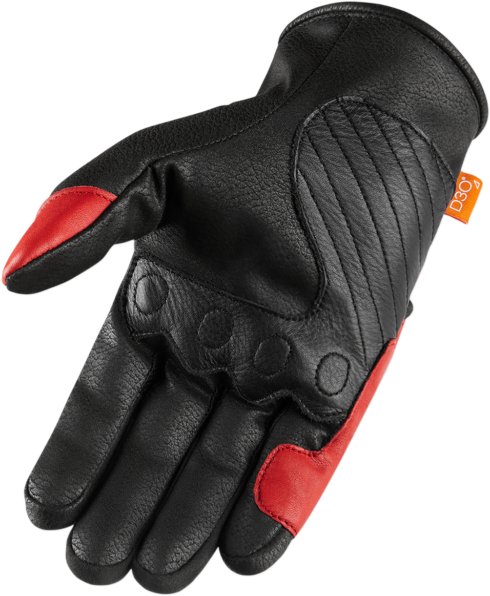 Red ICON Contra2™ gloves in large size with protective padding, designed for motorcycle riding by Bill's Exhausts.