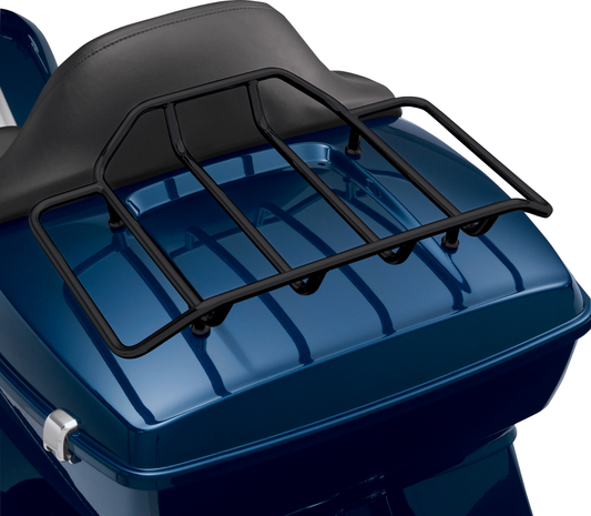 Bill's Exhausts Show Chrome Tour-Pak luggage rack in smoke black for Harley-Davidson touring motorcycle, mounted on engine area.