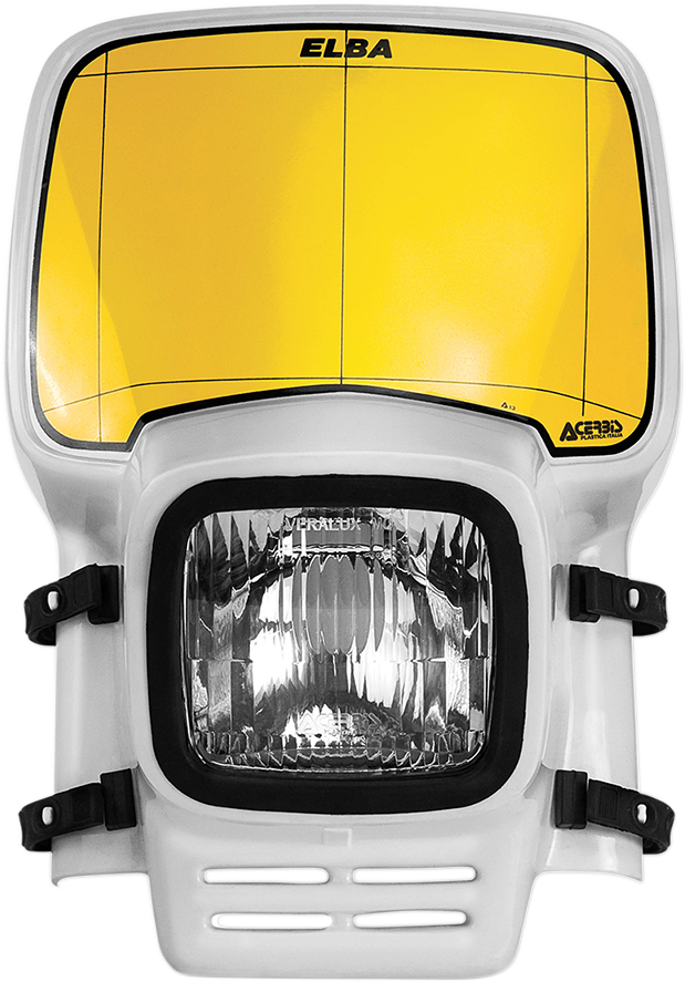 Acerbis Elba Headlight in white for motorcycle body, with mounting brackets and clear lens, designed for off-road riding.