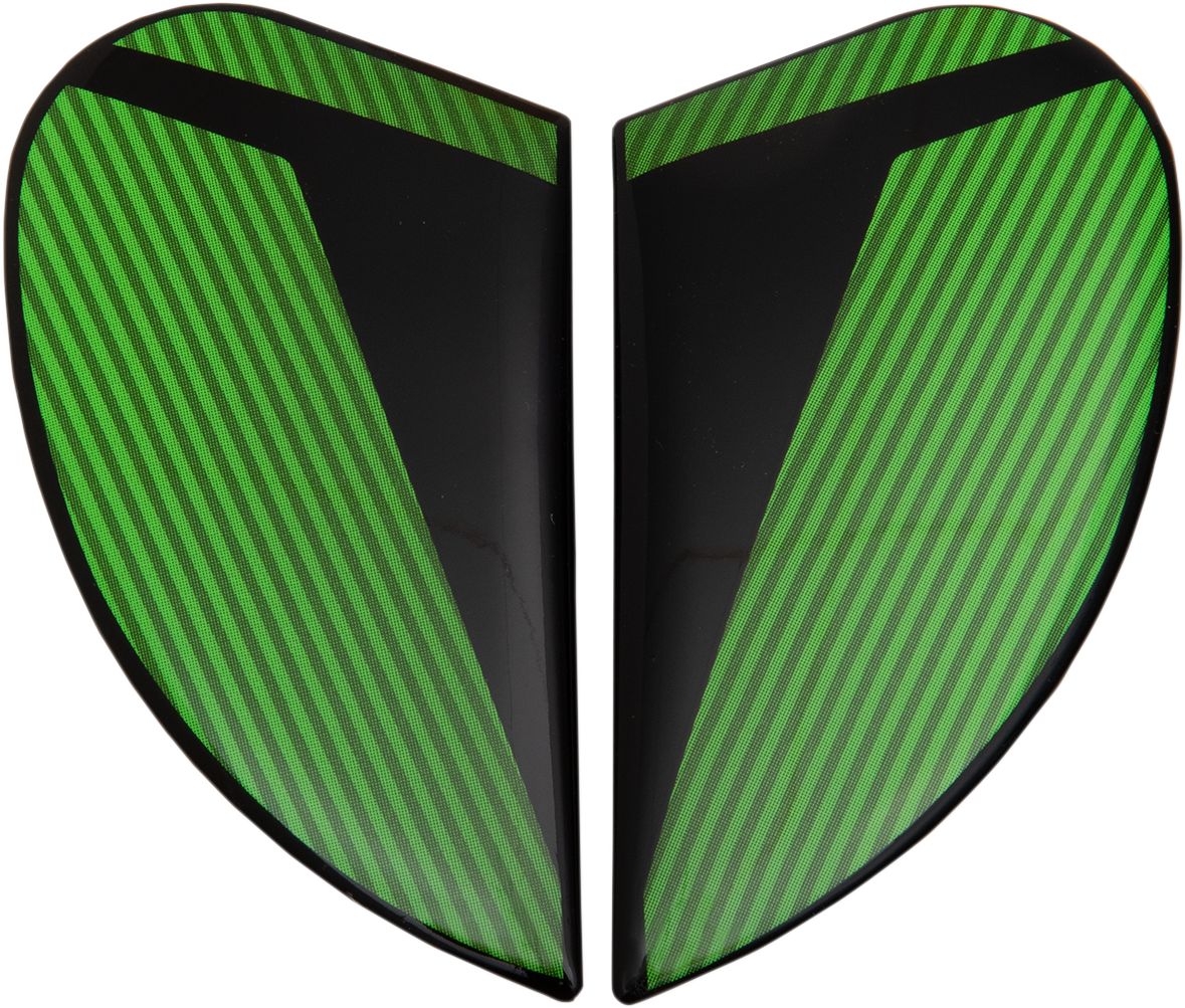Green ICON Airform™ Side Plates for Conflux helmets, motorcycle helmet parts by Bill's Exhausts, showing the side design and branding