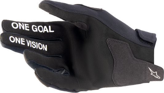 Alpinestars Radar motorcycle gloves in black and white, medium size, featuring protective knuckles and adjustable wrist straps.