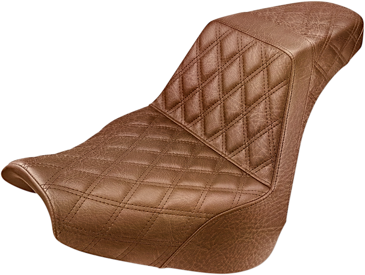 Brown SADDLEMEN Step-Up Seat with full lattice stitch, designed for motorcycle seats, by Bill's Exhausts