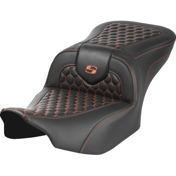 SADDLEMEN Roadsofa™ motorcycle seat in honeycomb orange stitch for FLTR/FLHX 2023-2024, shown without backrest.