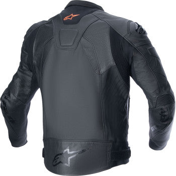 Alpinestars GP Plus R v4 Airflow black leather motorcycle jacket with armor, displayed on a hanger, US 40 / EU 50 size.