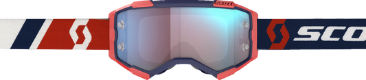 Bill's Exhausts SCOTT Fury Goggle in red and blue with black frame, featuring adjustable strap and clear lens for motocross riding.
