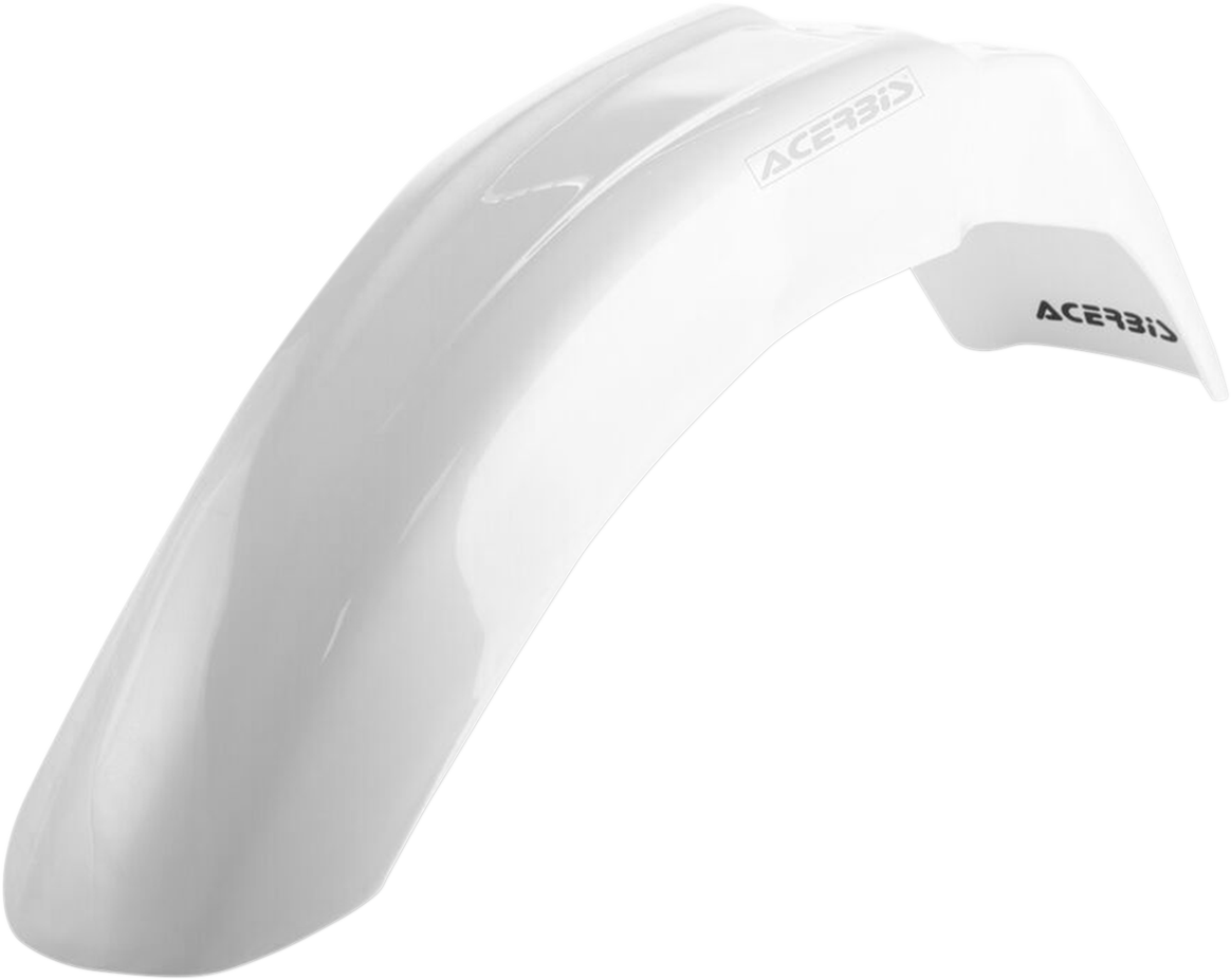 White Acerbis front fender for motorcycle, body part with mounting points, designed for durability and precise fit.