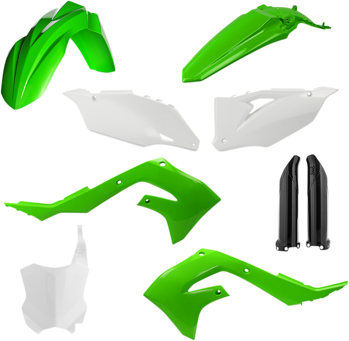 A green, white, and black Acerbis full replacement body kit for KX250F, KX450F, featuring OEM design and fitment.