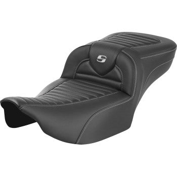 SADDLEMEN Roadsofa™ extended reach motorcycle seat by Bill's Exhausts, carbon fiber finish, Tuck-n-Roll style, for FLTR/FLHX 2023-2024