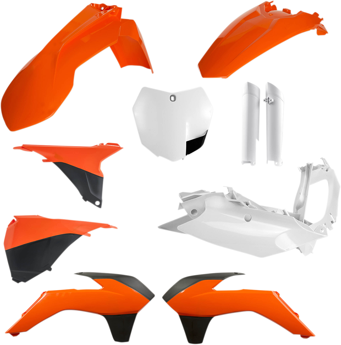 Acerbis OEM orange, white, and black full replacement body kit for motorcycles, featuring front and side body panels in a sleek design.