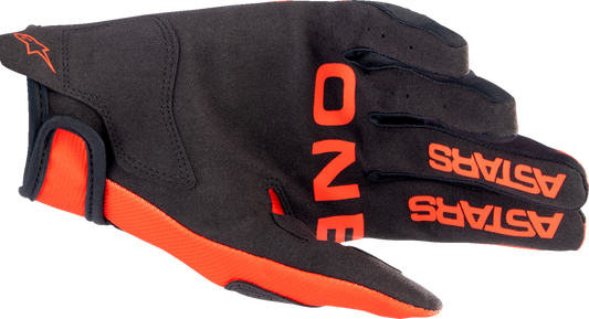 Alpinestars Radar Gloves in hot orange and black, medium size, featuring protective padding and breathable fabric, designed for motorcycle riding.
