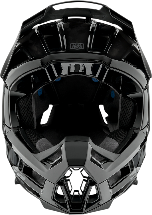 Black 100% Aircraft 2 bicycle helmet in medium size with adjustable straps, featuring a sleek aerodynamic design.