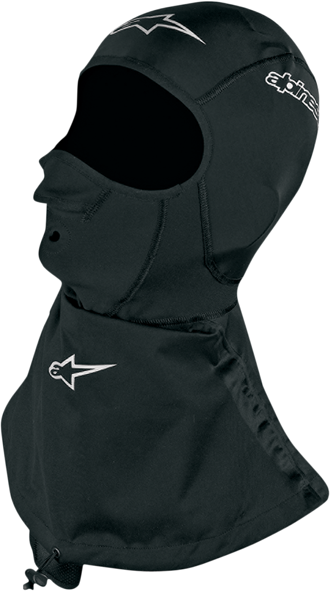 Alpinestars Winter Touring Balaclava designed for helmets, shown in black with snug fit and thermal material for cold weather riding.