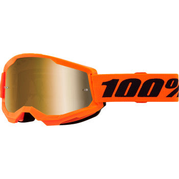 Bill's Exhausts 100% Strata 2 Goggles in neon orange with true gold mirror lens, featuring a sleek design for motocross riding.