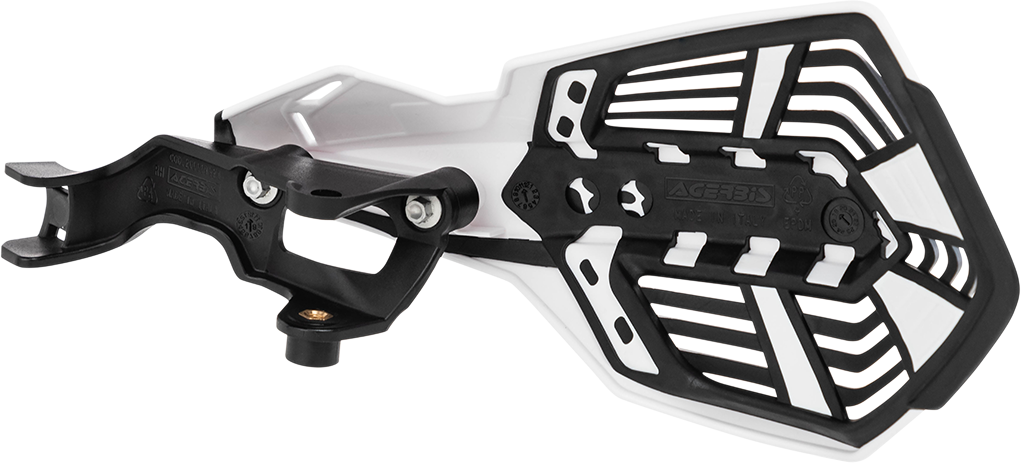 Acerbis K-Future handguards in white and black mounted on a motorcycle handlebar, designed for rider protection and style.