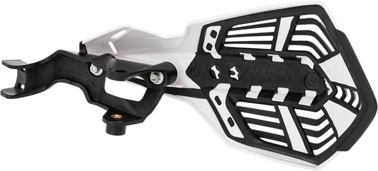 Acerbis K-Future handguards in white and black mounted on a motorcycle handlebar, designed for rider protection and style.