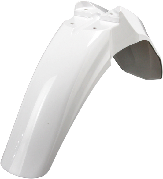 A white Acerbis front fender for motorcycle, designed for durability and style, shown installed on a bike.