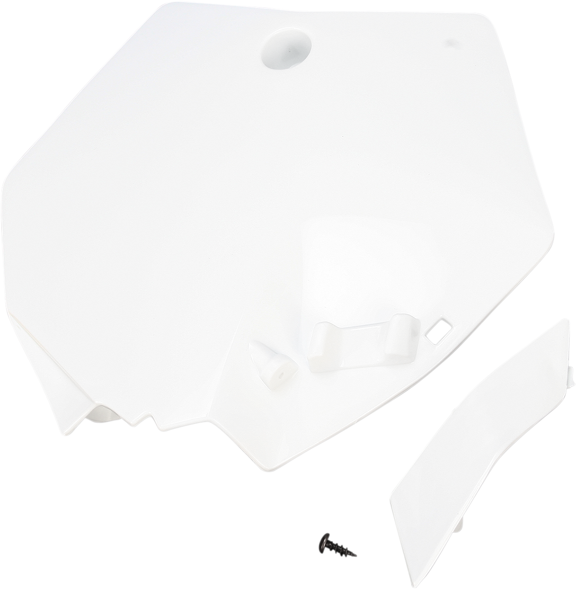 ACERBIS front number plate in white mounted on motorcycle body, featuring sleek design and clear number display.