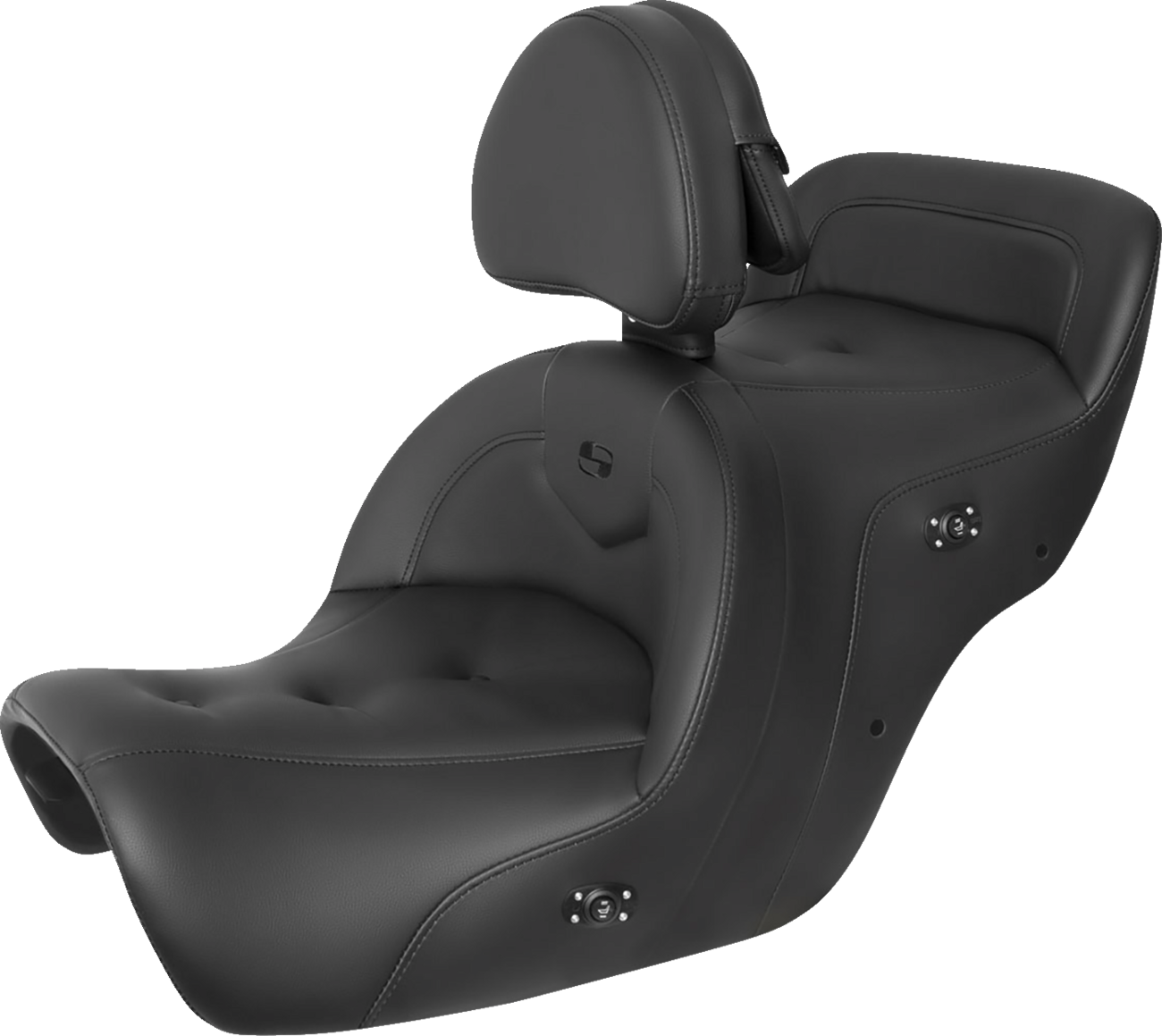 Black Saddlemens RoadSofa heated motorcycle seat with backrest and pillow top for GL1500 '88-'00, featuring comfortable cushioning.