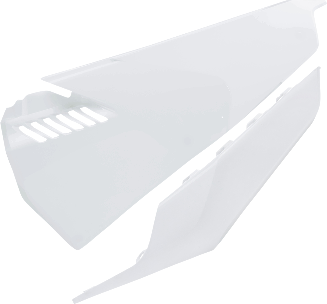 White ACERBIS side panel vent for motorcycle body, featuring sleek design and brand details, installed on a vehicle.