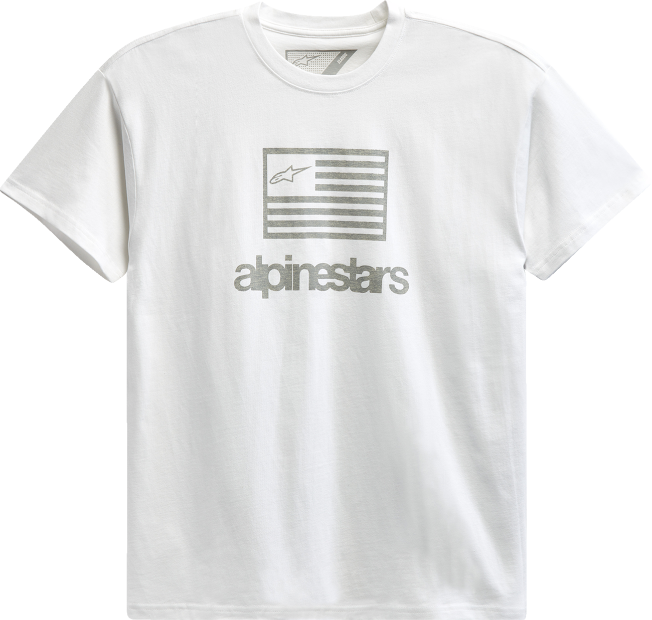 White ALPINESTARS Flag T-Shirt in large size, featuring the brand’s logo and flag design, displayed on a flat lay.
