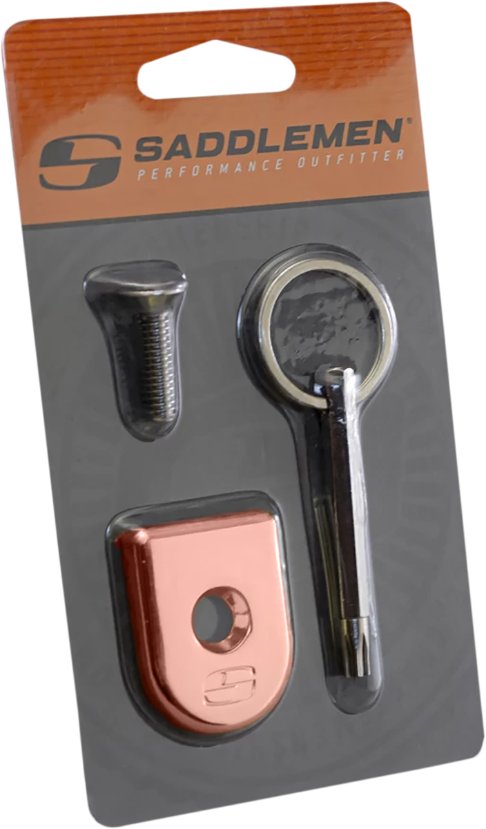 Rose gold SADDLEMEN Security Seat Screw for seats, featuring a secure locking design, shown on a motorcycle seat.